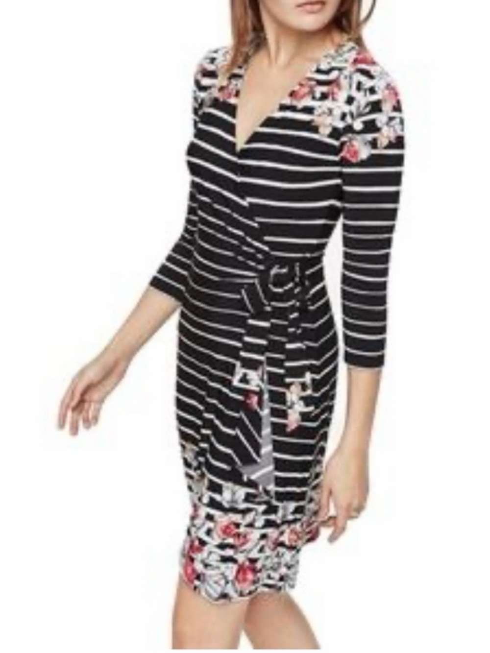 BCBGMaxAzria Black and White Striped Wrap Midi Dress with Floral Accents